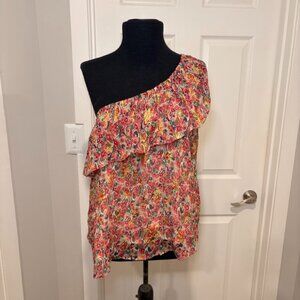 Sezane  Adeline One Shoulder Sleeveless Blouse, Floral Print with Gold Thread